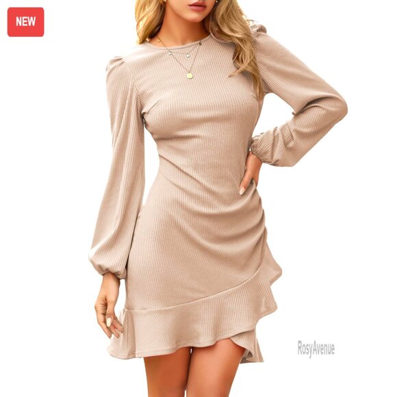 Ribbed Knit Sweater Bodycon Mini Dress Long Sleeve Ruffle Hem